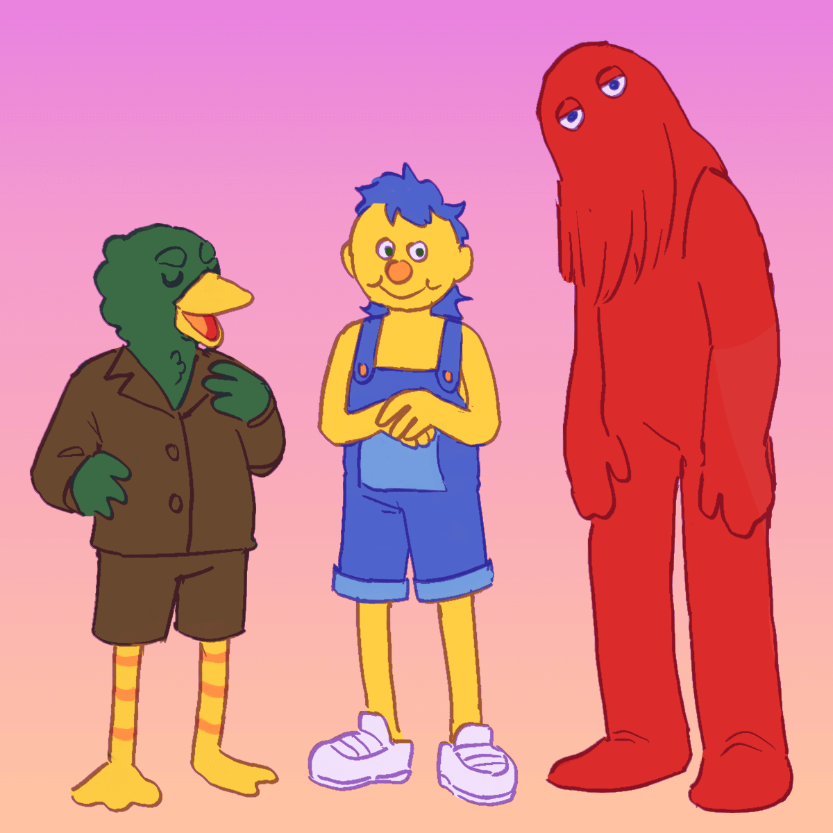 a drawing of duck, yellow guy, and red guy from don't hug me I'm scared.
		they are simply standing next to each other in front of a gradient background